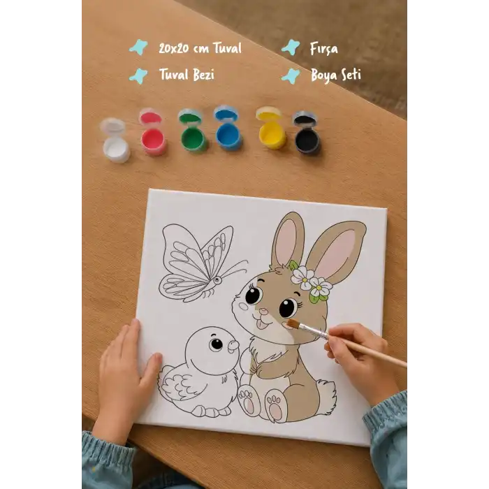Sevimli Fil Temalı Çocuk Boyama Tuvali – Şövalesiz Eğitici Boyama Seti 20x20 cm