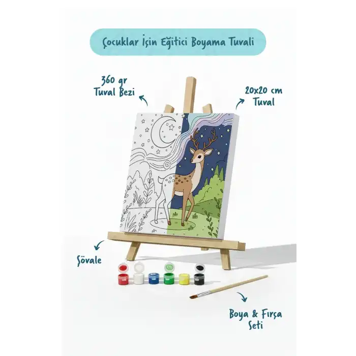 Sevimli Geyik Temalı Çocuk Boyama Tuvali – Şövaleli Eğitici Boyama Seti 20x20 cm