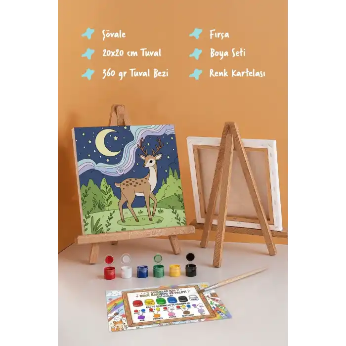 Sevimli Geyik Temalı Çocuk Boyama Tuvali – Şövaleli Eğitici Boyama Seti 20x20 cm