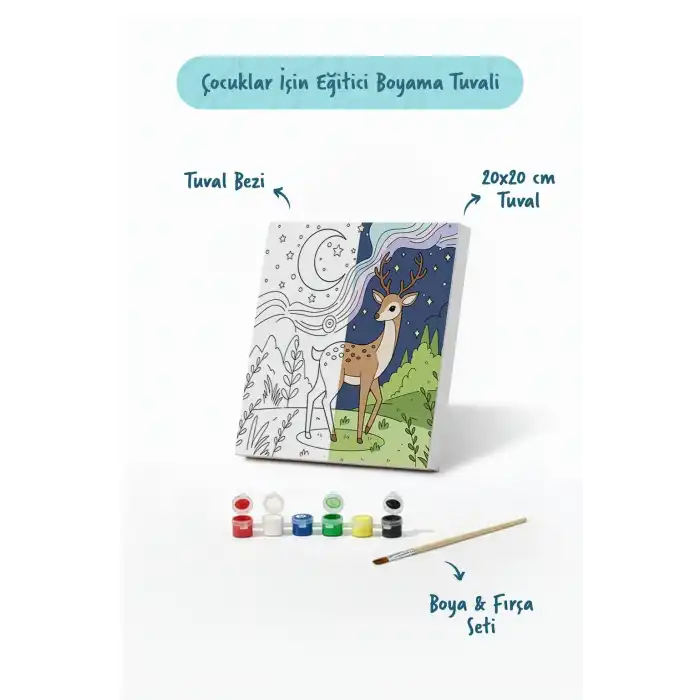 Sevimli Geyik Temalı Çocuk Boyama Tuvali – Şövalesiz Eğitici Boyama Seti 20x20 cm