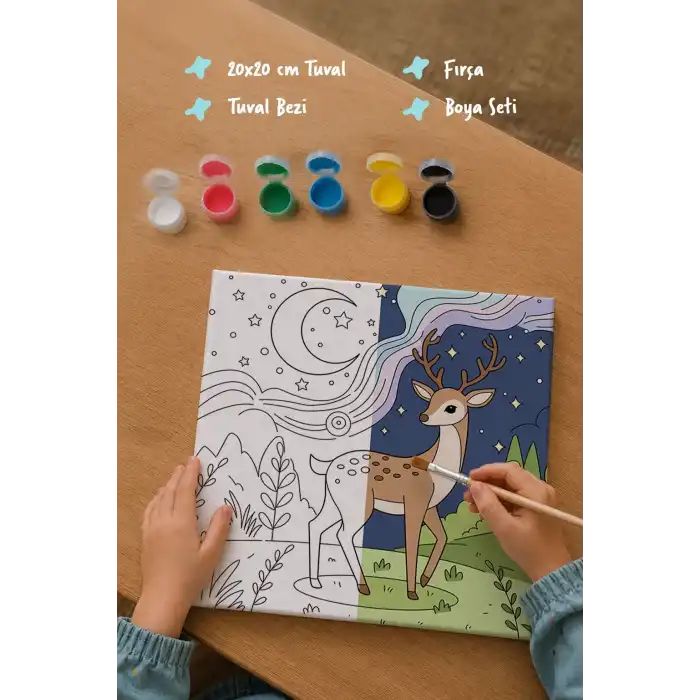 Sevimli Geyik Temalı Çocuk Boyama Tuvali – Şövalesiz Eğitici Boyama Seti 20x20 cm