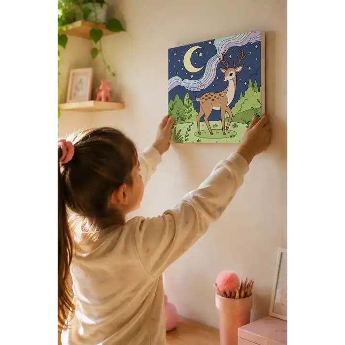Sevimli Geyik Temalı Çocuk Boyama Tuvali – Şövalesiz Eğitici Boyama Seti 20x20 cm