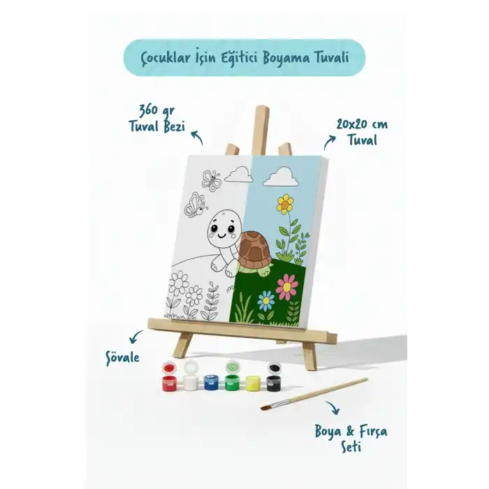 Sevimli Kaplumbağa Temalı Çocuk Boyama Tuvali – Şövaleli Eğitici Boyama Seti 20x20 cm