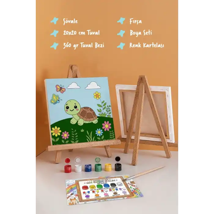 Sevimli Kaplumbağa Temalı Çocuk Boyama Tuvali – Şövaleli Eğitici Boyama Seti 20x20 cm