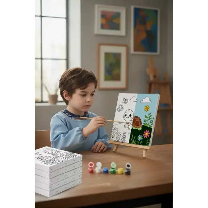 Sevimli Kaplumbağa Temalı Çocuk Boyama Tuvali – Şövaleli Eğitici Boyama Seti 20x20 cm