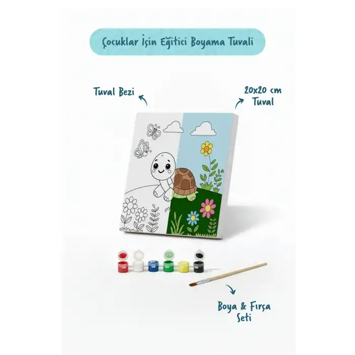 Sevimli Kaplumbağa Temalı Çocuk Boyama Tuvali – Şövalesiz Eğitici Boyama Seti 20x20 cm