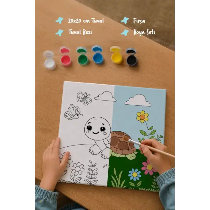 Sevimli Kaplumbağa Temalı Çocuk Boyama Tuvali – Şövalesiz Eğitici Boyama Seti 20x20 cm