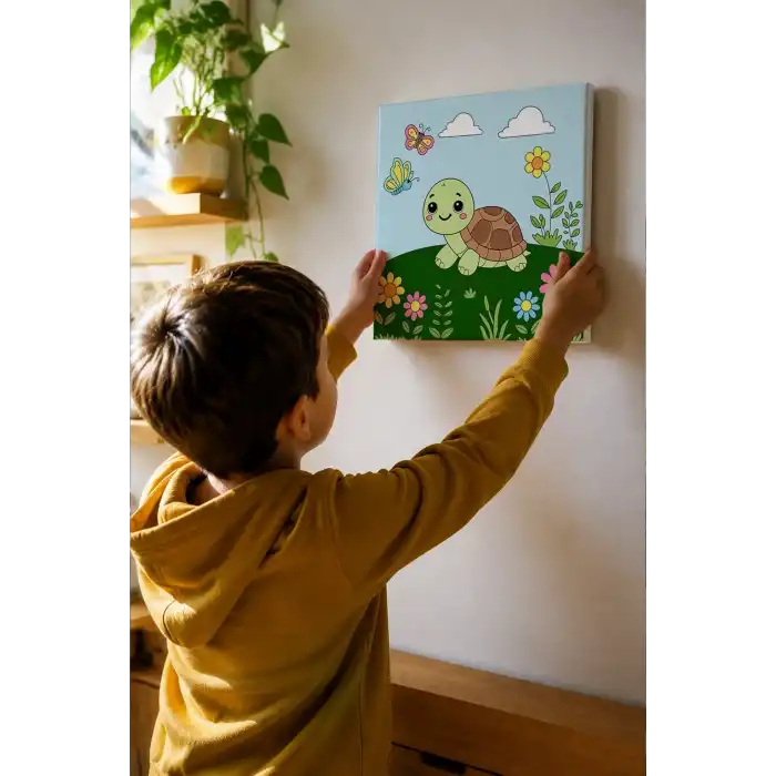 Sevimli Kaplumbağa Temalı Çocuk Boyama Tuvali – Şövalesiz Eğitici Boyama Seti 20x20 cm