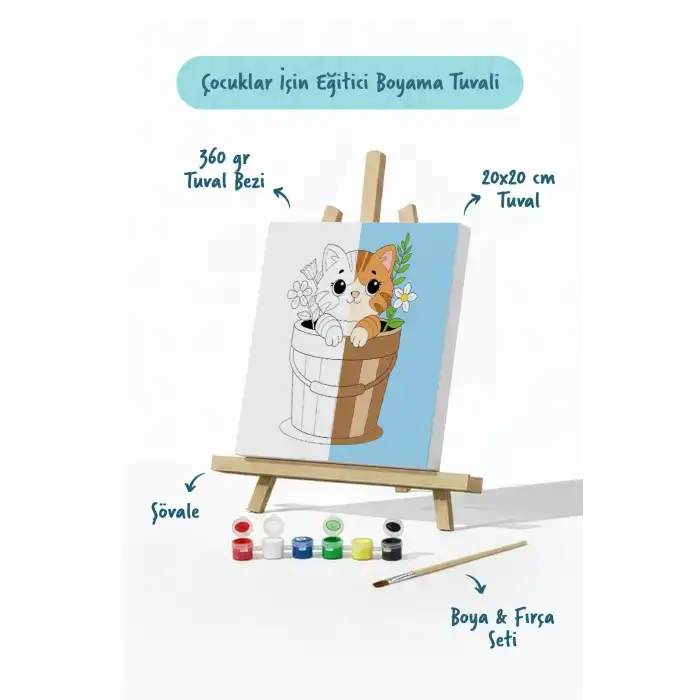 Sevimli Kedi Temalı Çocuk Boyama Tuvali – Şövaleli Eğitici Boyama Seti 20x20 cm
