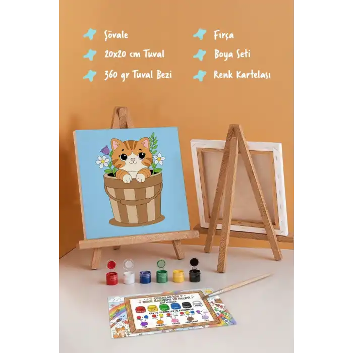 Sevimli Kedi Temalı Çocuk Boyama Tuvali – Şövaleli Eğitici Boyama Seti 20x20 cm