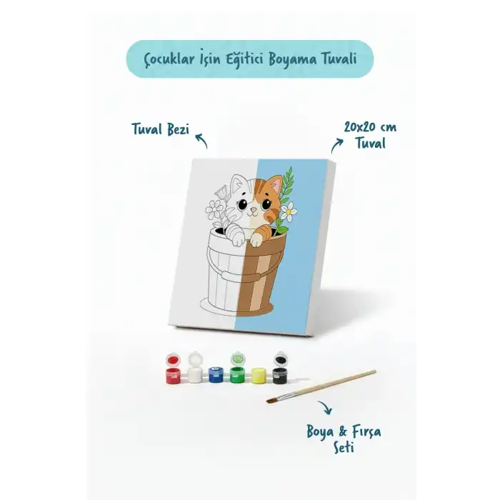 Sevimli Kedi Temalı Çocuk Boyama Tuvali – Şövalesiz Eğitici Boyama Seti 20x20 cm