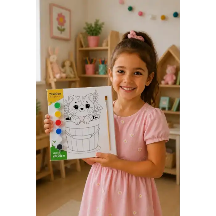 Sevimli Kedi Temalı Çocuk Boyama Tuvali – Şövalesiz Eğitici Boyama Seti 20x20 cm