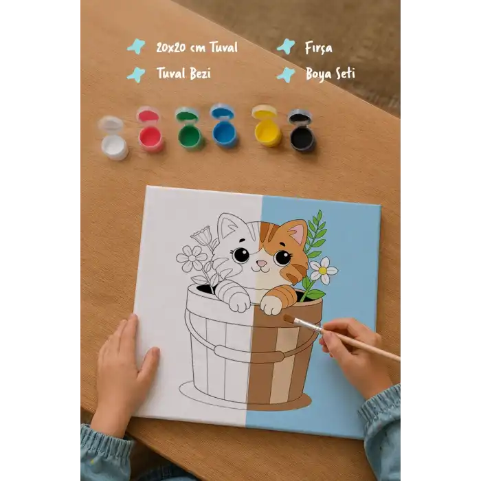 Sevimli Kedi Temalı Çocuk Boyama Tuvali – Şövalesiz Eğitici Boyama Seti 20x20 cm