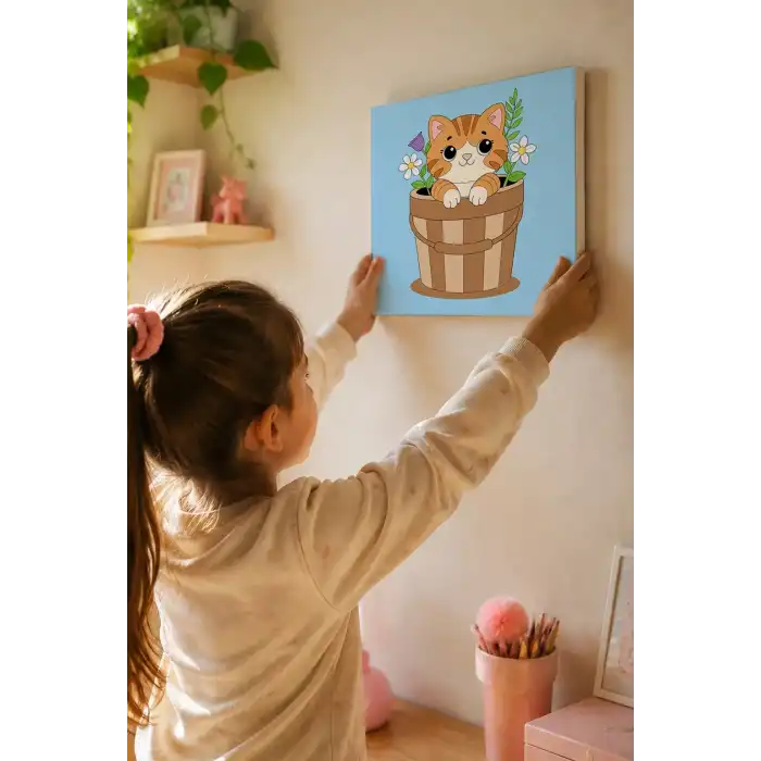Sevimli Kedi Temalı Çocuk Boyama Tuvali – Şövalesiz Eğitici Boyama Seti 20x20 cm