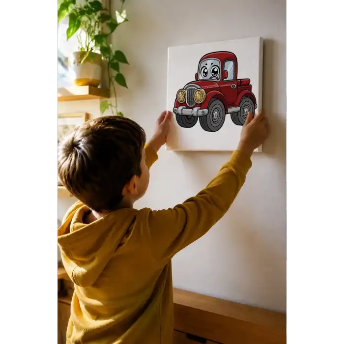 Sevimli Kırmızı Kamyon Boyama Tuvali – Şövalesiz Boya Seti 20x20