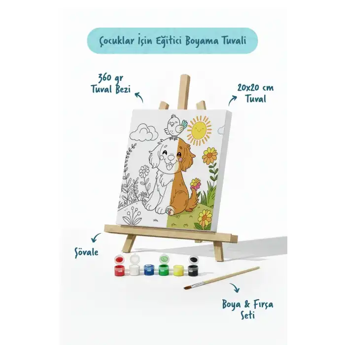Sevimli Köpek ve Kuş Temalı Çocuk Boyama Tuvali – Şövaleli Eğitici Boyama Seti 20x20 cm