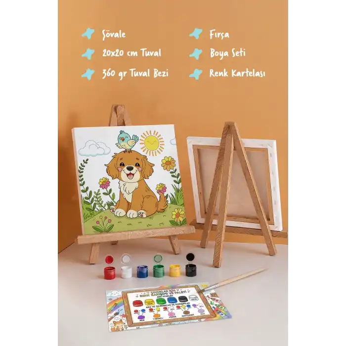 Sevimli Köpek ve Kuş Temalı Çocuk Boyama Tuvali – Şövaleli Eğitici Boyama Seti 20x20 cm