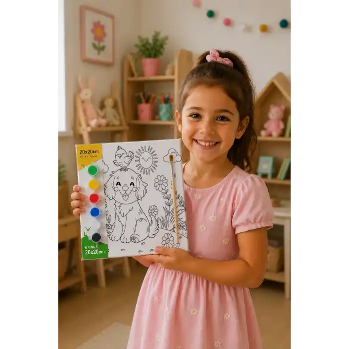 Sevimli Köpek ve Kuş Temalı Çocuk Boyama Tuvali – Şövalesiz Eğitici Boyama Seti 20x20 cm