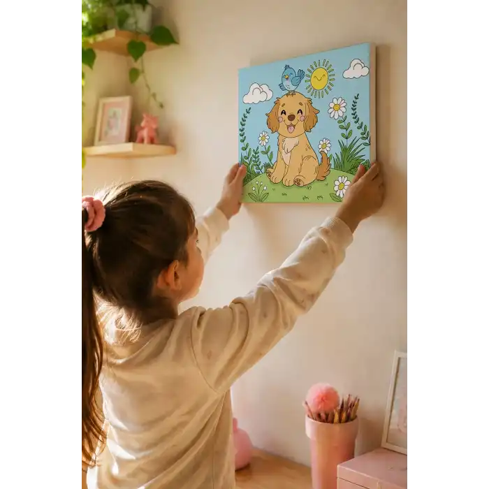 Sevimli Köpek ve Kuş Temalı Çocuk Boyama Tuvali – Şövalesiz Eğitici Boyama Seti 20x20 cm