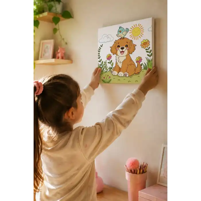 Sevimli Köpek ve Kuş Temalı Çocuk Boyama Tuvali – Şövalesiz Eğitici Boyama Seti 20x20 cm