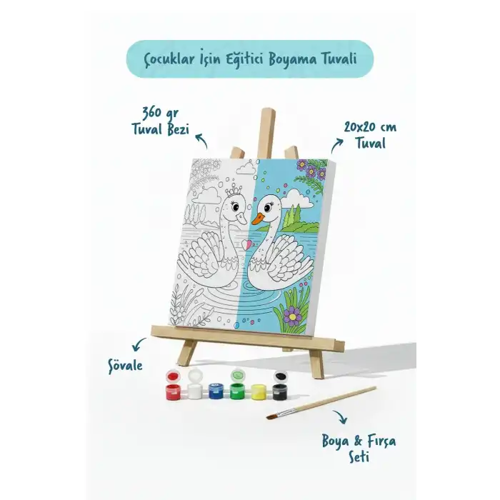 Sevimli Kuğular Temalı Çocuk Boyama Tuvali – Şövaleli Eğitici Boyama Seti 20x20 cm