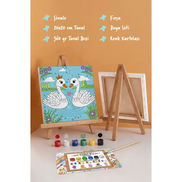 Sevimli Kuğular Temalı Çocuk Boyama Tuvali – Şövaleli Eğitici Boyama Seti 20x20 cm