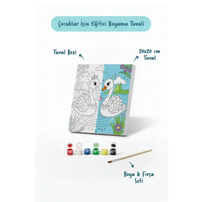 Sevimli Kuğular Temalı Çocuk Boyama Tuvali – Şövalesiz Eğitici Boyama Seti 20x20 cm