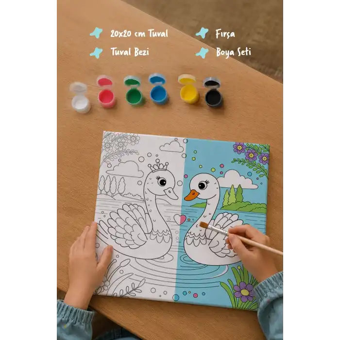 Sevimli Kuğular Temalı Çocuk Boyama Tuvali – Şövalesiz Eğitici Boyama Seti 20x20 cm