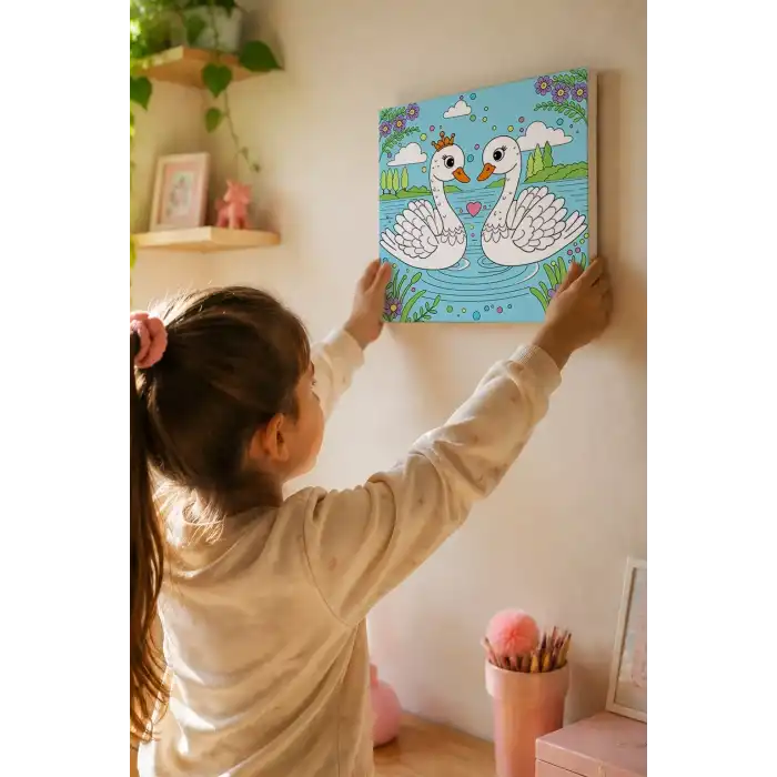 Sevimli Kuğular Temalı Çocuk Boyama Tuvali – Şövalesiz Eğitici Boyama Seti 20x20 cm