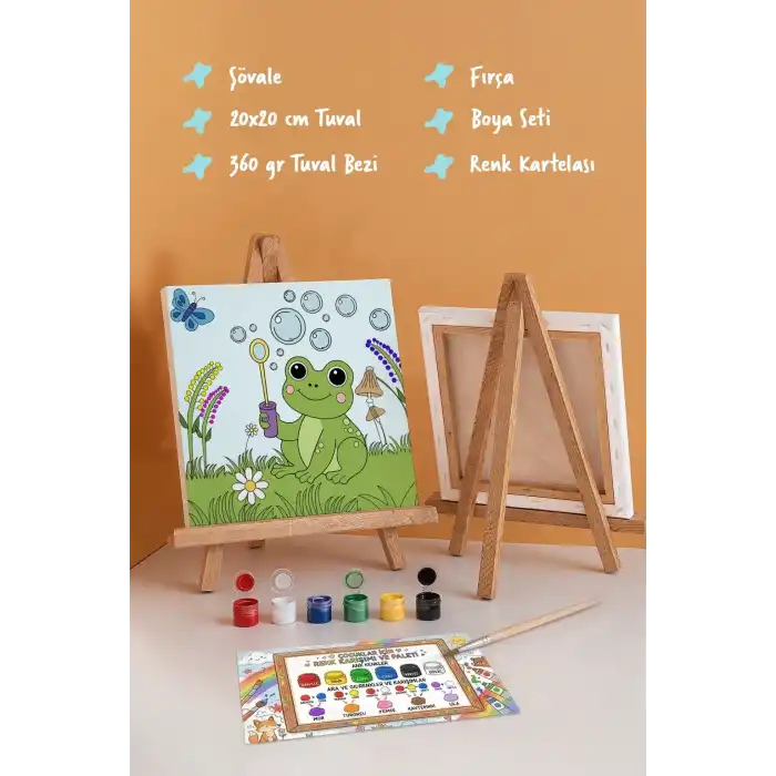 Sevimli Kurbağa Temalı Çocuk Boyama Tuvali – Şövaleli Eğitici Boyama Seti 20x20 cm