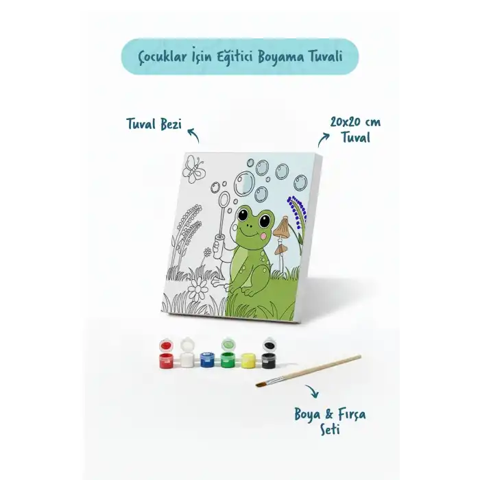 Sevimli Kurbağa Temalı Çocuk Boyama Tuvali – Şövalesiz Eğitici Boyama Seti 20x20 cm