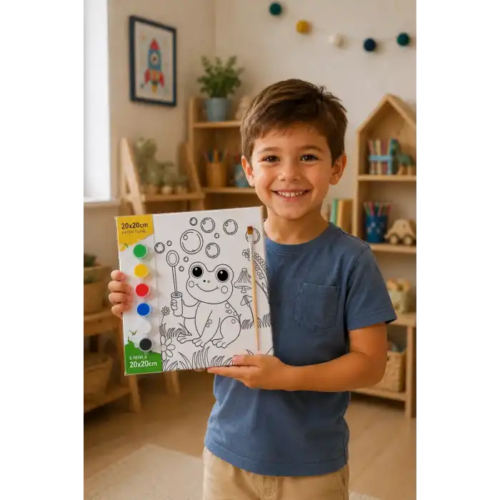 Sevimli Kurbağa Temalı Çocuk Boyama Tuvali – Şövalesiz Eğitici Boyama Seti 20x20 cm