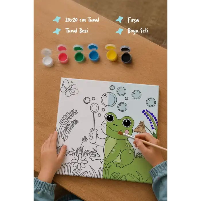 Sevimli Kurbağa Temalı Çocuk Boyama Tuvali – Şövalesiz Eğitici Boyama Seti 20x20 cm