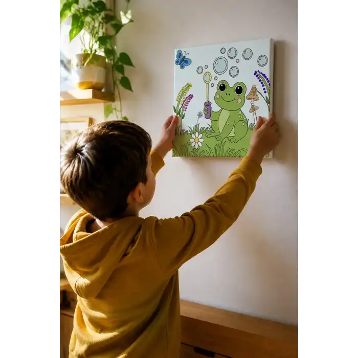 Sevimli Kurbağa Temalı Çocuk Boyama Tuvali – Şövalesiz Eğitici Boyama Seti 20x20 cm