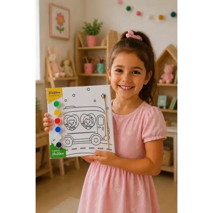 Sevimli Minibüs Boyama Tuvali – Şövalesiz Boya Seti 20x20