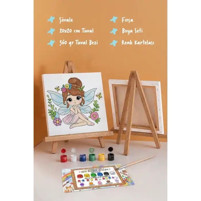 Sevimli Peri Temalı Çocuk Boyama Tuvali – Şövaleli Eğitici Boyama Seti 20x20 cm