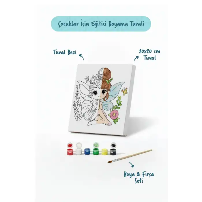 Sevimli Peri Temalı Çocuk Boyama Tuvali – Şövalesiz Eğitici Boyama Seti 20x20 cm