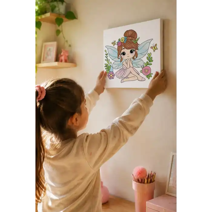 Sevimli Peri Temalı Çocuk Boyama Tuvali – Şövalesiz Eğitici Boyama Seti 20x20 cm