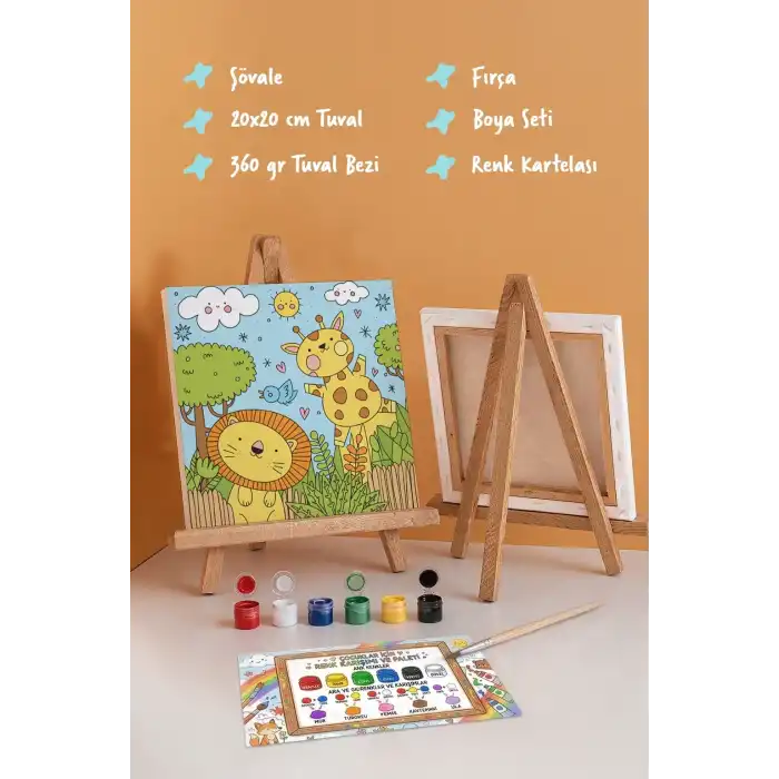 Sevimli Safari Hayvanları – Çocuk Boyama Tuvali Seti 20x20 cm