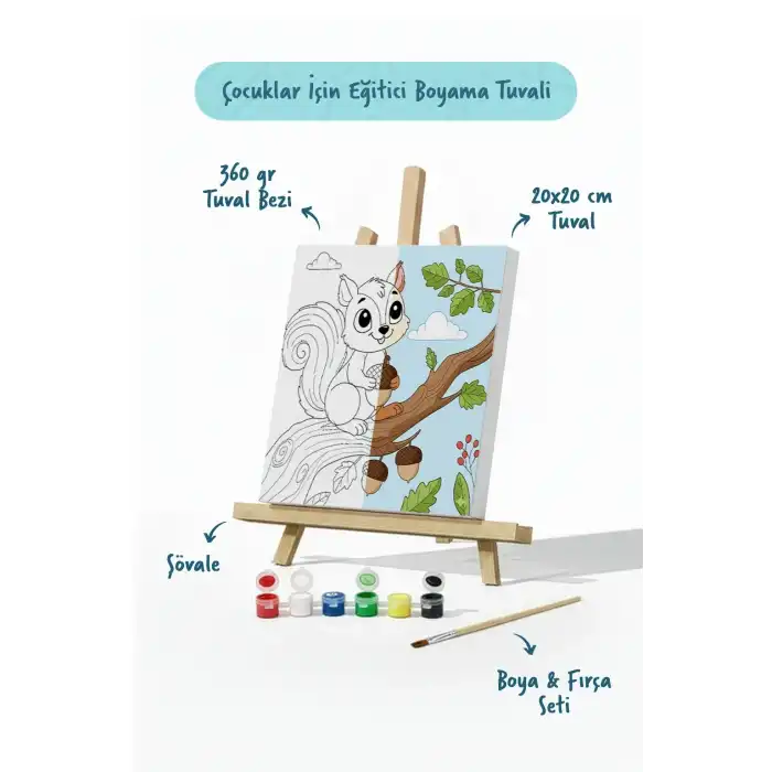Sevimli Sincap Temalı Çocuk Boyama Tuvali – Şövaleli Eğitici Boyama Seti 20x20 cm