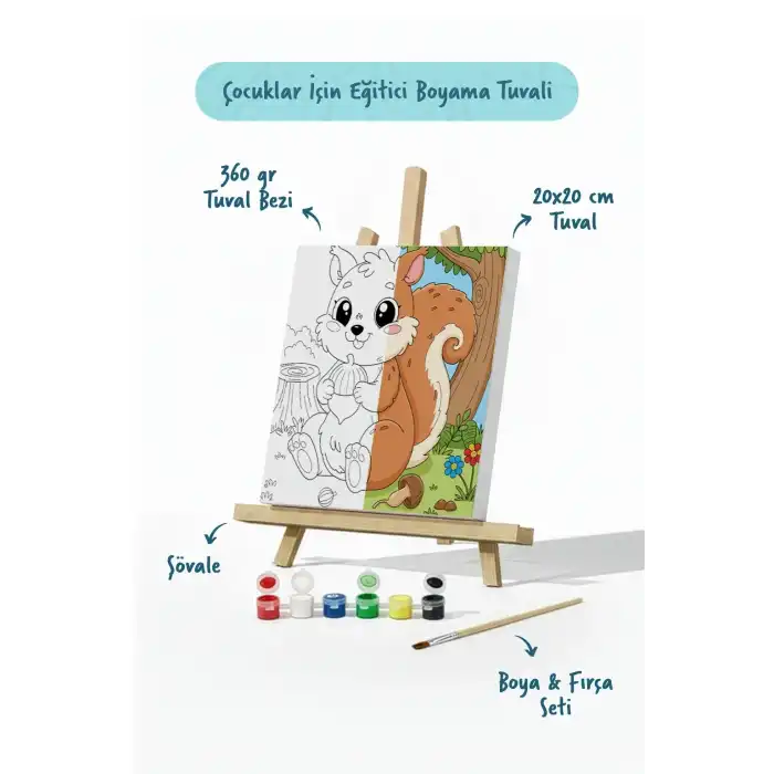 Sevimli Sincap Temalı Çocuk Boyama Tuvali – Şövaleli Eğitici Boyama Seti 20x20 cm
