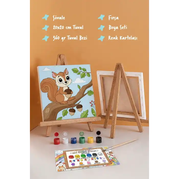 Sevimli Sincap Temalı Çocuk Boyama Tuvali – Şövaleli Eğitici Boyama Seti 20x20 cm