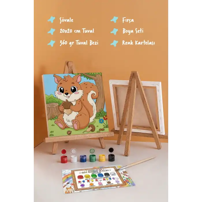 Sevimli Sincap Temalı Çocuk Boyama Tuvali – Şövaleli Eğitici Boyama Seti 20x20 cm