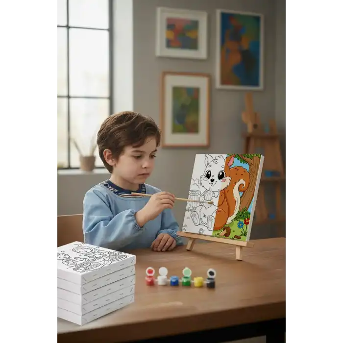 Sevimli Sincap Temalı Çocuk Boyama Tuvali – Şövaleli Eğitici Boyama Seti 20x20 cm