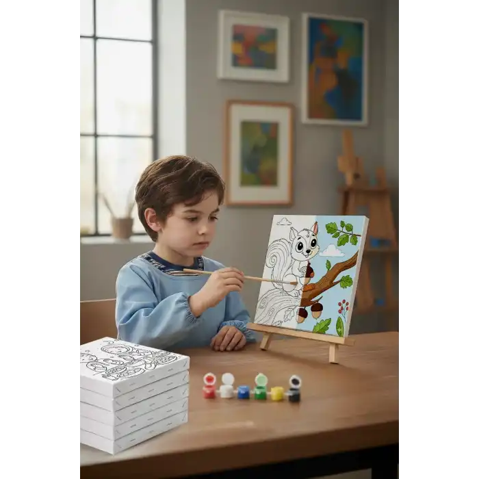 Sevimli Sincap Temalı Çocuk Boyama Tuvali – Şövaleli Eğitici Boyama Seti 20x20 cm