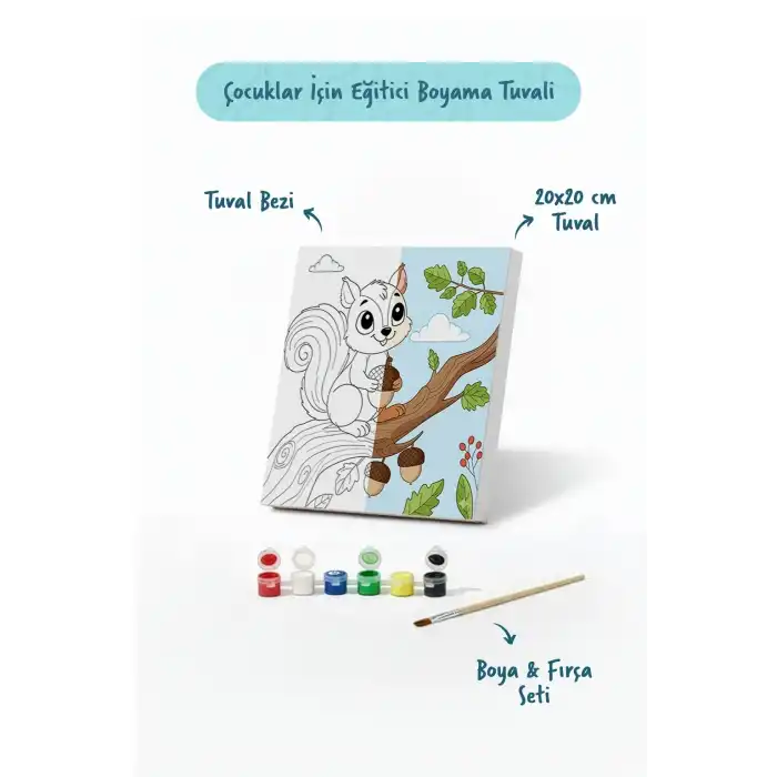 Sevimli Sincap Temalı Çocuk Boyama Tuvali – Şövalesiz Eğitici Boyama Seti 20x20 cm