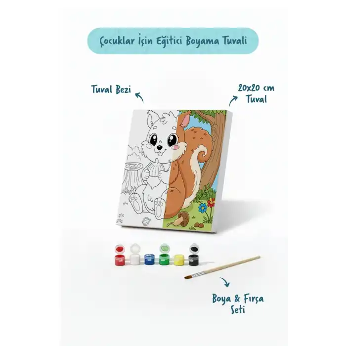 Sevimli Sincap Temalı Çocuk Boyama Tuvali – Şövalesiz Eğitici Boyama Seti 20x20 cm