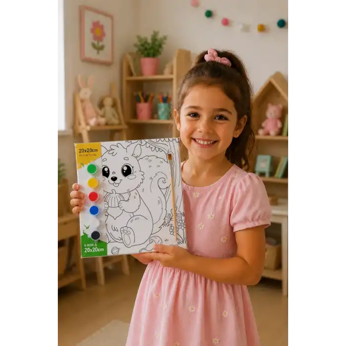 Sevimli Sincap Temalı Çocuk Boyama Tuvali – Şövalesiz Eğitici Boyama Seti 20x20 cm