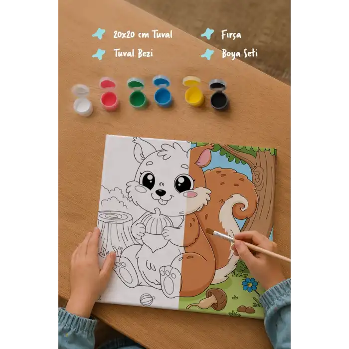 Sevimli Sincap Temalı Çocuk Boyama Tuvali – Şövalesiz Eğitici Boyama Seti 20x20 cm