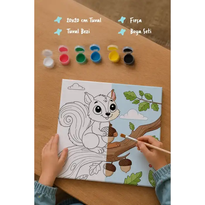 Sevimli Sincap Temalı Çocuk Boyama Tuvali – Şövalesiz Eğitici Boyama Seti 20x20 cm